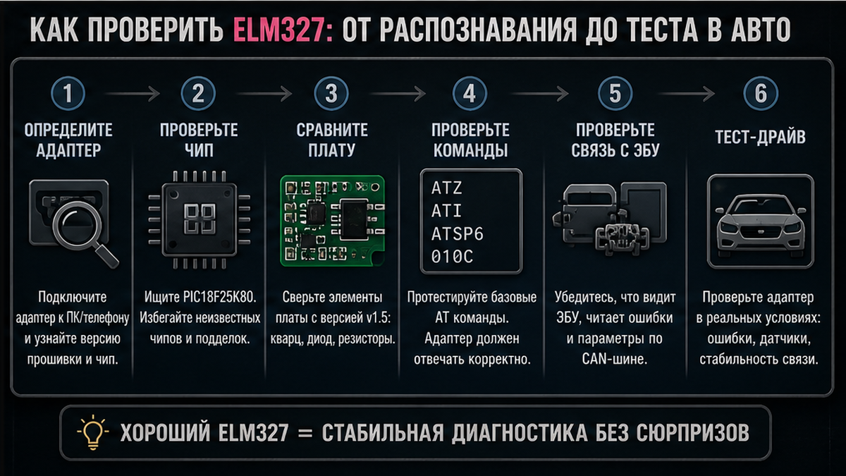 Схема из 6 шагов: проверка ELM327 до подключения к машине