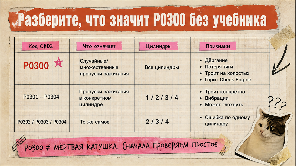 Сравнительная таблица / UI-мокап: Разберите, что значит P0300 без учебника