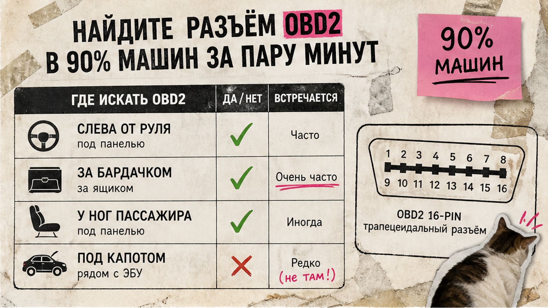 Таблица зон поиска OBD2: под рулём, бардачок, пассажир, не под капотом