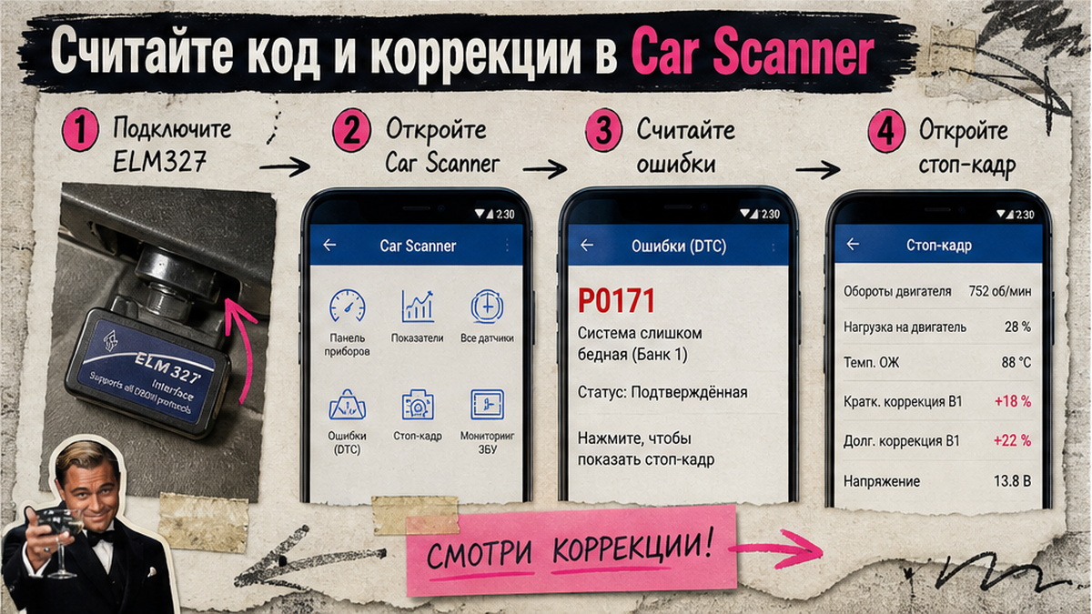 Шаги: P0171 и fuel trim в Car Scanner
